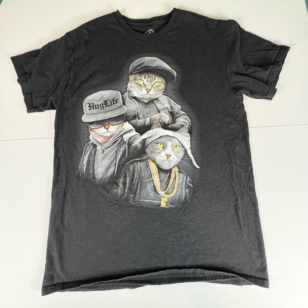 Hug Life Cat Graphic T‎ Shirt Mens Medium Black Funny Streetwear Tee